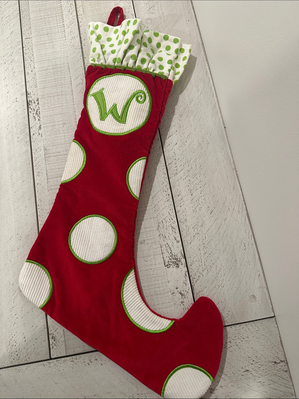 Mud Pie Red and White Polka Dot Holiday Stocking with Green Trim “W” Monogram